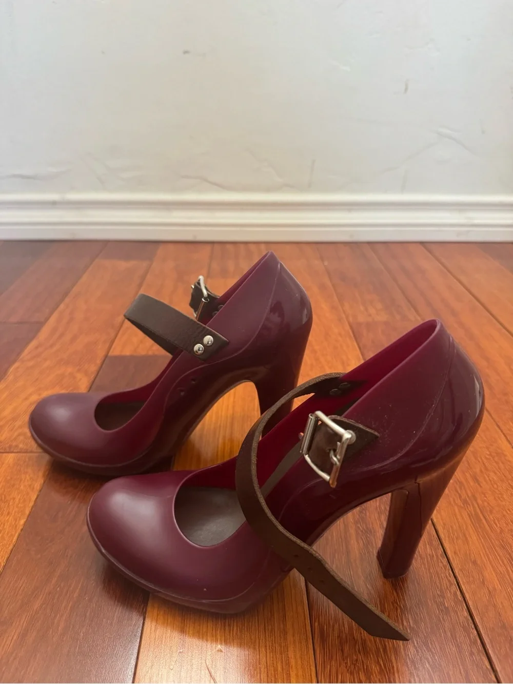 Marni Burgundy Mary Jane “Rain” Pumps with Brown Leather Buckle Strap